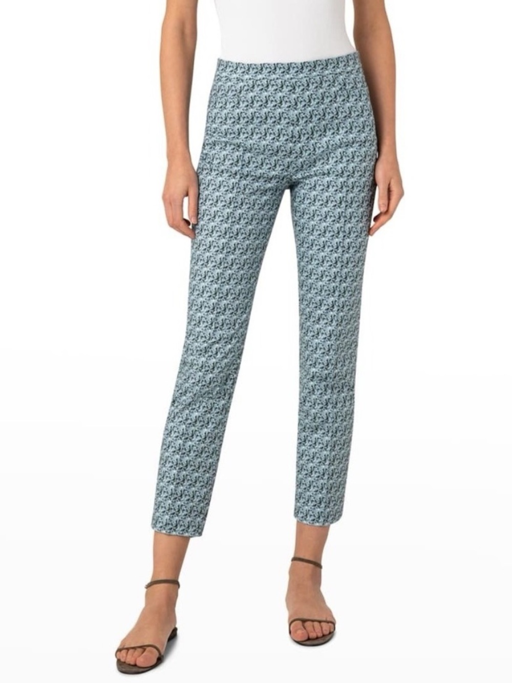 Akris Punto Franca Luna Mini Leaves Print Straight Ankle Pants Stretch Size 10